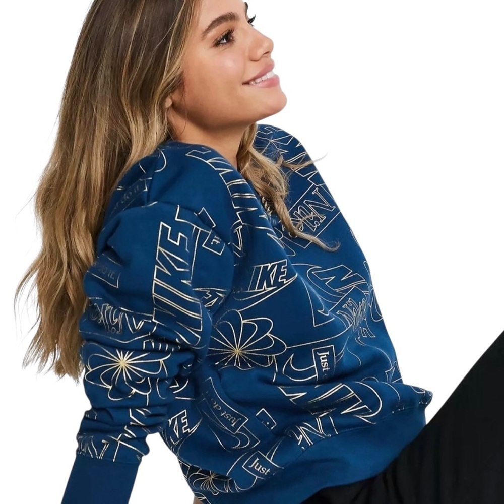 Nike Women's Icon Clash Sweatshirt Crew Neck Blue with Gold Graphic Size Medium